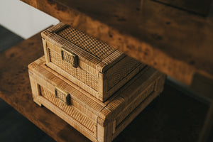 Bruno Small Natural Rattan Decorative Box with Brass Foot Caps