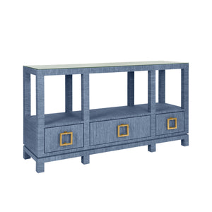 Campbell Open Shelf Console With Three Bottom Drawers And Square Satin Brass Hardware In Dyed Blue Grasscloth
