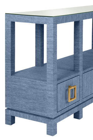 Campbell Open Shelf Console With Three Bottom Drawers And Square Satin Brass Hardware In Dyed Blue Grasscloth