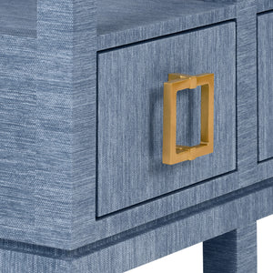 Campbell Open Shelf Console With Three Bottom Drawers And Square Satin Brass Hardware In Dyed Blue Grasscloth