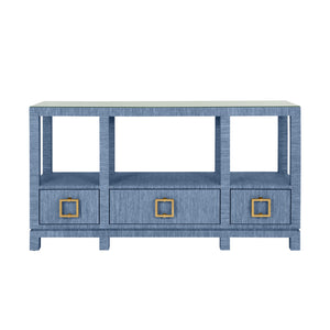 Campbell Open Shelf Console With Three Bottom Drawers And Square Satin Brass Hardware In Dyed Blue Grasscloth