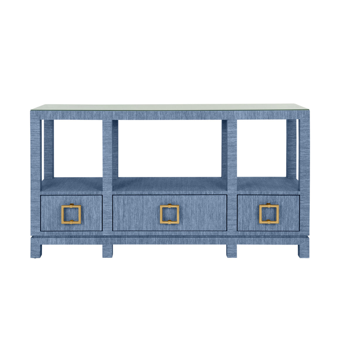 Campbell Open Shelf Console With Three Bottom Drawers And Square Satin Brass Hardware In Dyed Blue Grasscloth