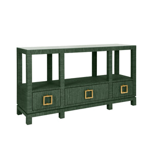 Campbell Open Shelf Console With Three Bottom Drawers And Square Satin Brass Hardware In Dyed Green Grasscloth