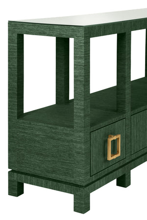 Campbell Open Shelf Console With Three Bottom Drawers And Square Satin Brass Hardware In Dyed Green Grasscloth