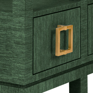Campbell Open Shelf Console With Three Bottom Drawers And Square Satin Brass Hardware In Dyed Green Grasscloth
