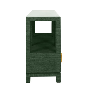 Campbell Open Shelf Console With Three Bottom Drawers And Square Satin Brass Hardware In Dyed Green Grasscloth