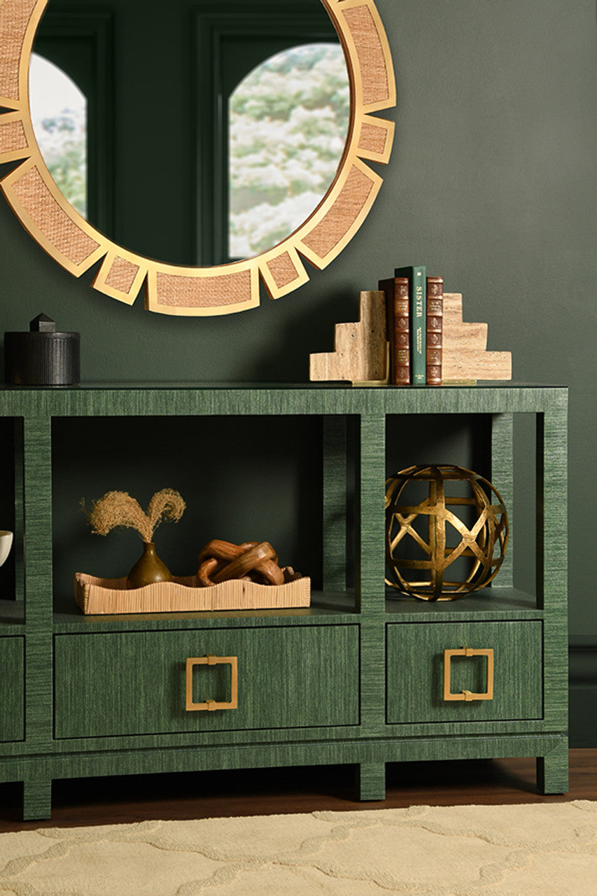 Campbell Open Shelf Console With Three Bottom Drawers And Square Satin Brass Hardware In Dyed Green Grasscloth