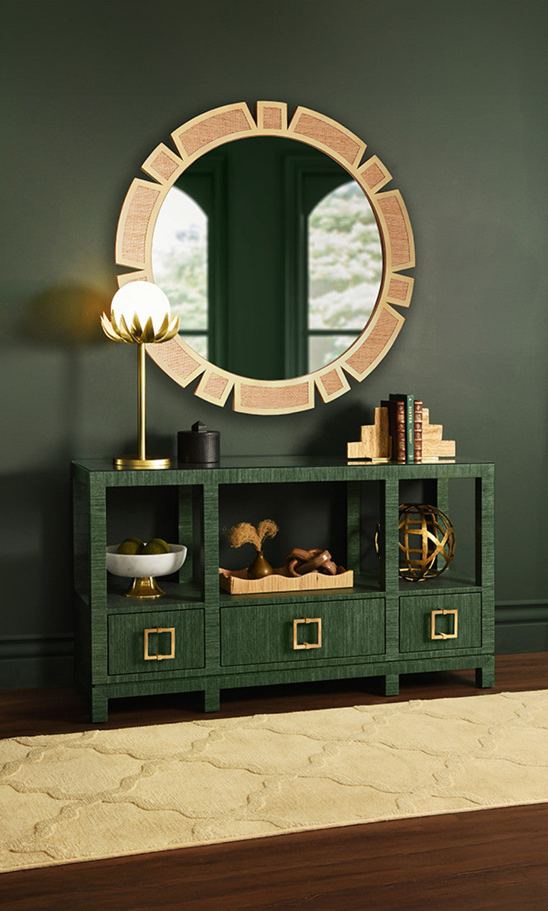 Campbell Open Shelf Console With Three Bottom Drawers And Square Satin Brass Hardware In Dyed Green Grasscloth