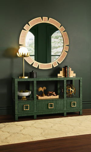 Campbell Open Shelf Console With Three Bottom Drawers And Square Satin Brass Hardware In Dyed Green Grasscloth