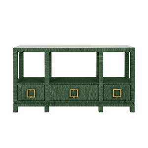 Campbell Open Shelf Console With Three Bottom Drawers And Square Satin Brass Hardware In Dyed Green Grasscloth