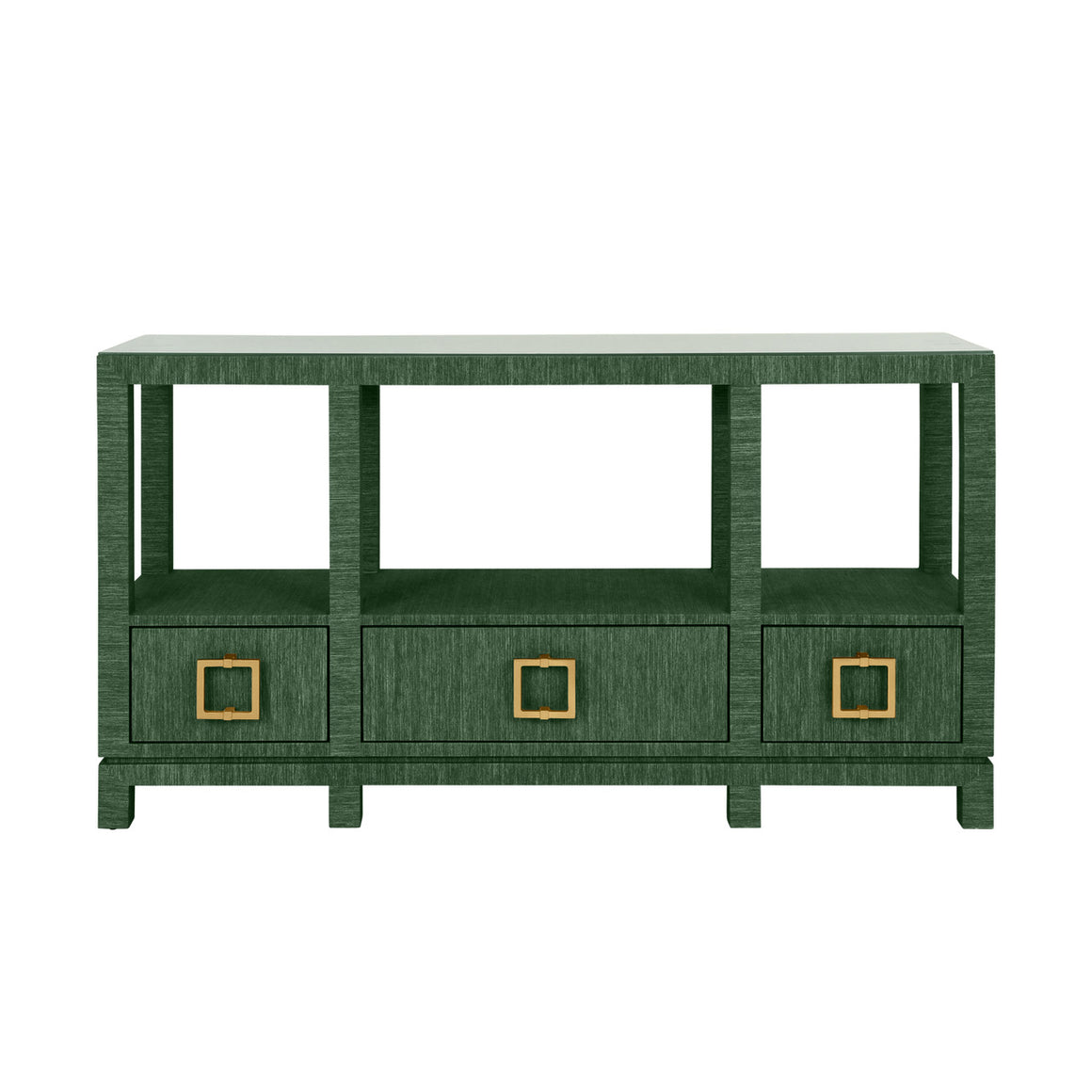 Campbell Open Shelf Console With Three Bottom Drawers And Square Satin Brass Hardware In Dyed Green Grasscloth