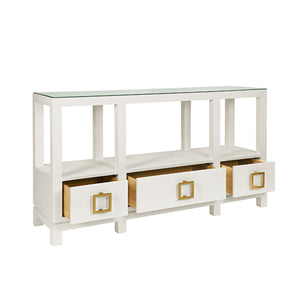 Campbell Open Shelf Console With Three Bottom Drawers And Square Satin Brass Hardware In White Textured Linen