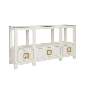 Campbell Open Shelf Console With Three Bottom Drawers And Square Satin Brass Hardware In White Textured Linen