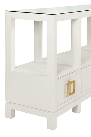 Campbell Open Shelf Console With Three Bottom Drawers And Square Satin Brass Hardware In White Textured Linen
