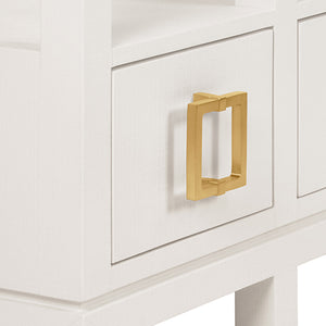 Campbell Open Shelf Console With Three Bottom Drawers And Square Satin Brass Hardware In White Textured Linen