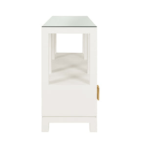 Campbell Open Shelf Console With Three Bottom Drawers And Square Satin Brass Hardware In White Textured Linen