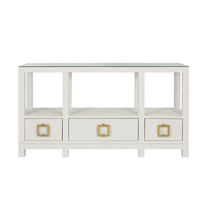 Campbell Open Shelf Console With Three Bottom Drawers And Square Satin Brass Hardware In White Textured Linen