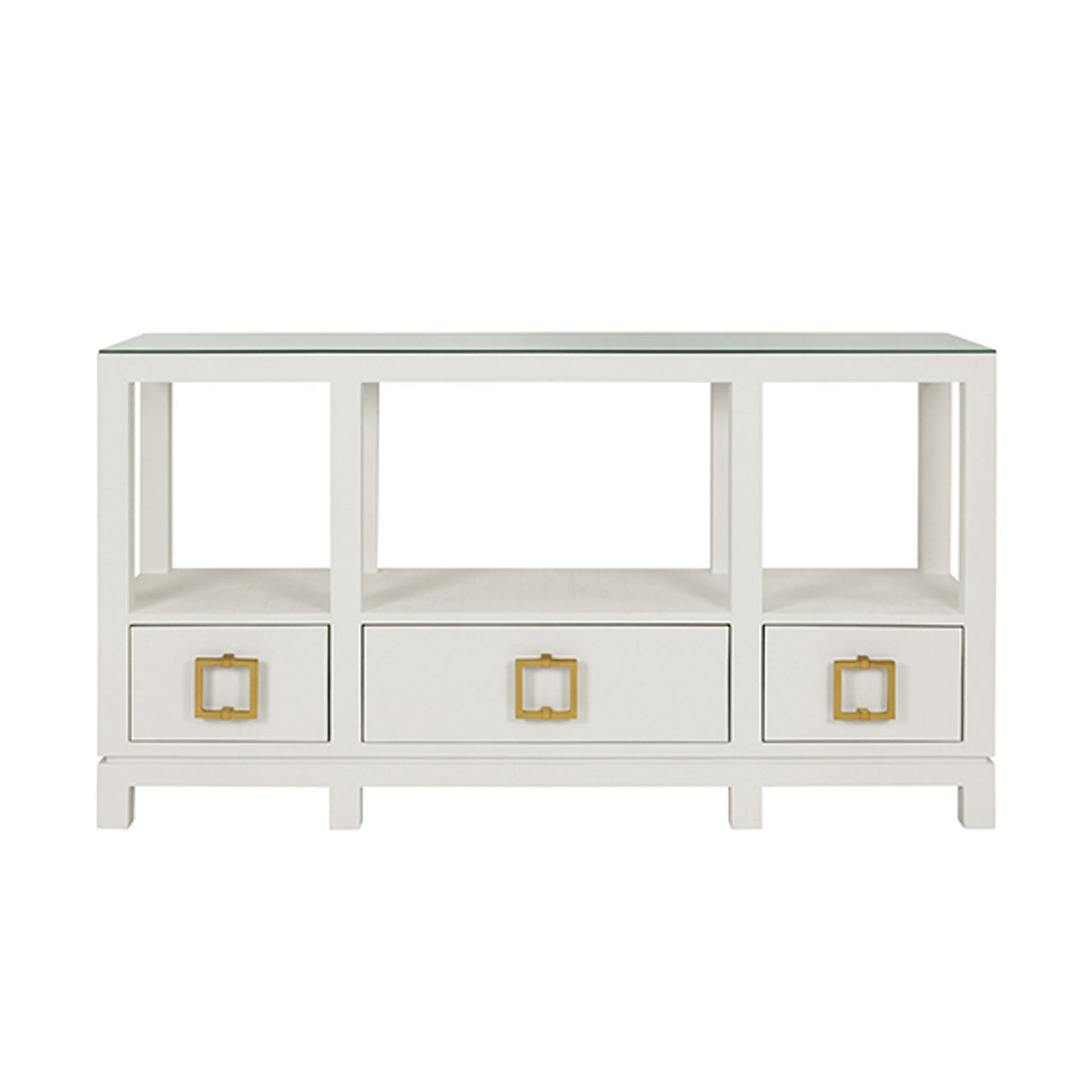 Campbell Open Shelf Console With Three Bottom Drawers And Square Satin Brass Hardware In White Textured Linen