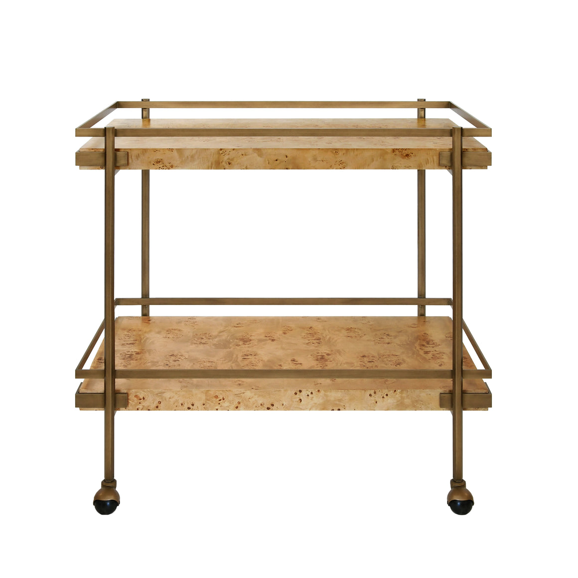 Cash Antique Brass Bar Cart with Shelves in Burl Wood