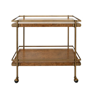 Cash Antique Brass Bar Cart with Shelves in Dark Burl Wood