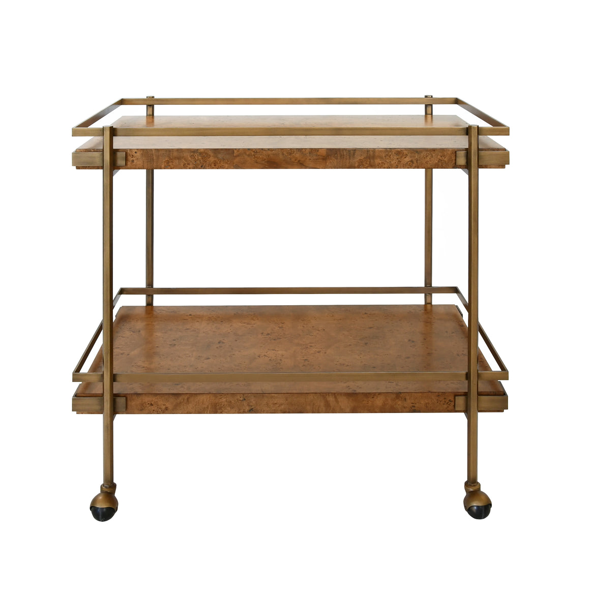 Cash Antique Brass Bar Cart with Shelves in Dark Burl Wood