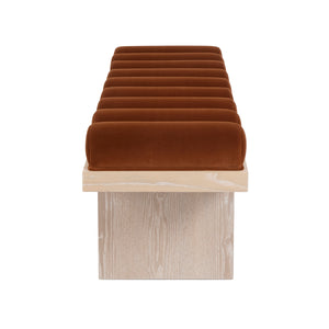 Capsian Channeled Seat Bench with Cerused Oak Based in Performance Rust Velvet