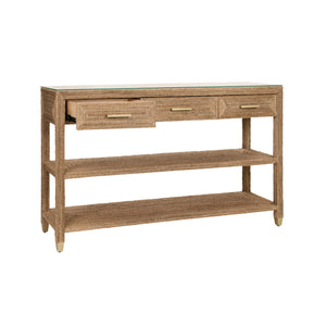 Cassie Three Drawer Console With Satin Brass Hardware And Foot Caps In Wrapped Rope