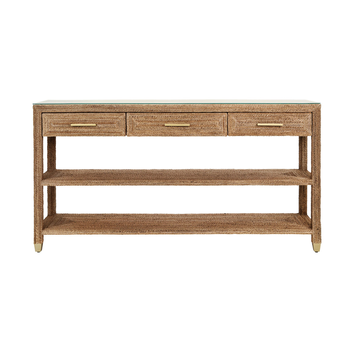 Cassie Three Drawer Console With Satin Brass Hardware And Foot Caps In Wrapped Rope