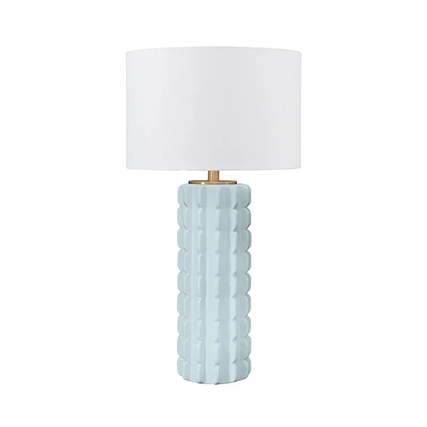 CECE Scalloped Ceramic Table Lamp With White Linen Drum Shade In Powder Blue Glaze