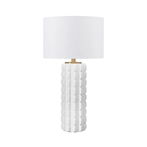 CECE Scalloped Ceramic Table Lamp With White Linen Drum Shade In White Glaze