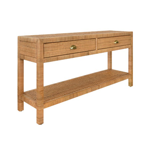 Ciara Two Drawer Console in Natural Rattan with Brushe Brass Cup Pulls