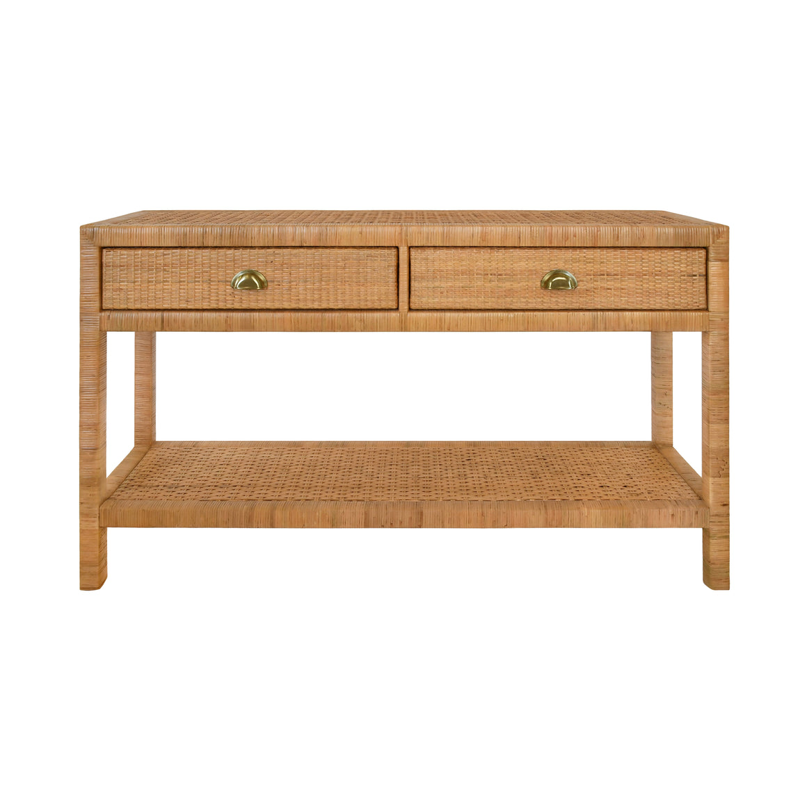 Ciara Two Drawer Console in Natural Rattan with Brushe Brass Cup Pulls