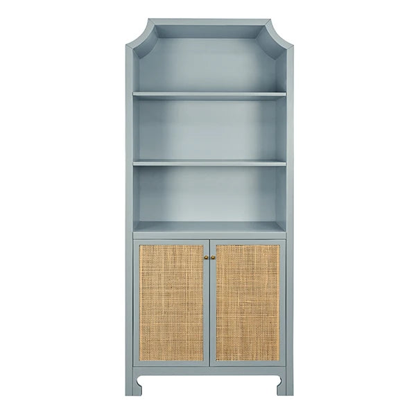 Two Cane Front Door Etagere With Decorative Top In Matte Light Blue Lacquer