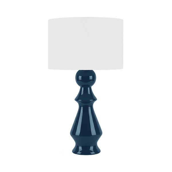 Chess Inspired Ceramic Table Lamp With White Linen Drum Shade In Capri Blue Glaze