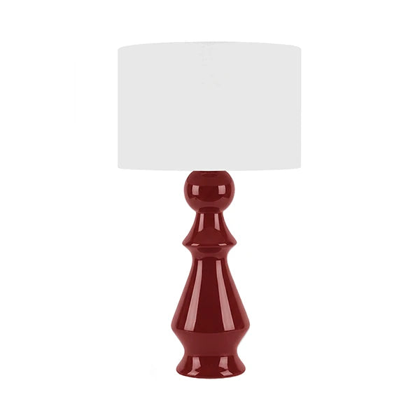 COLETTE Chess Inspired Ceramic Table Lamp With White Linen Drum Shade In Garnet Glaze