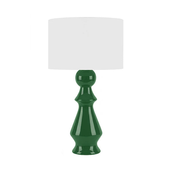 COLETTE Chess Inspired Ceramic Table Lamp With White Linen Drum Shade In Kelly Green Glaze