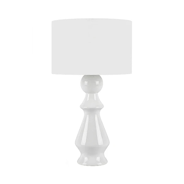 COLETTE Chess Inspired Ceramic Table Lamp With White Linen Drum Shade In White Glaze