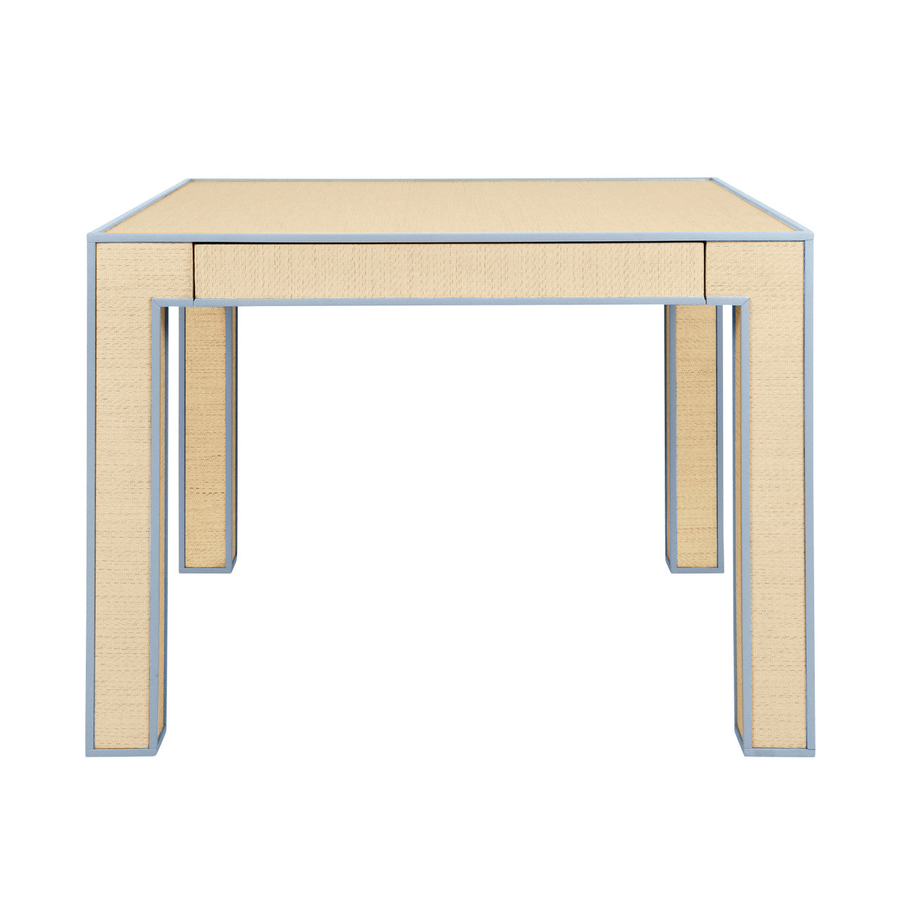 Collins Square Two Drawer Game Table With Matte Light Blue Lacquer Edging And Inset Natural Grasscloth