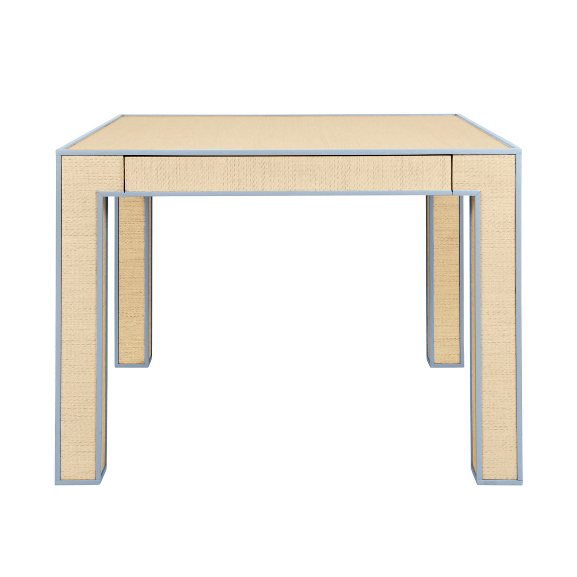 Collins Square Two Drawer Game Table With Matte Light Blue Lacquer Edging And Inset Natural Grasscloth
