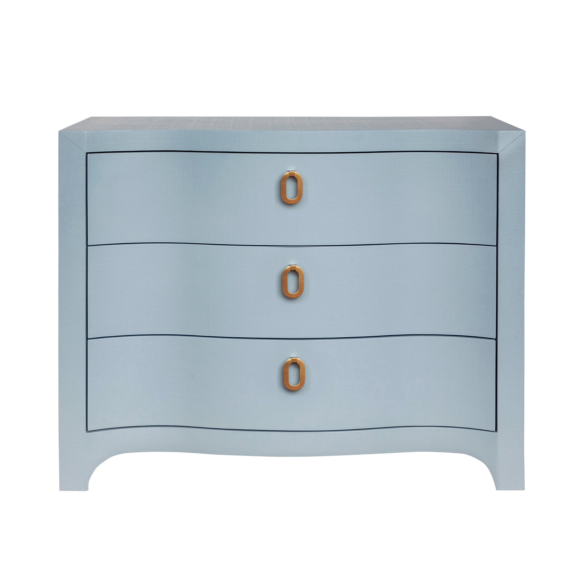 Cora Curved Front Chest with Three Drawers in White Textured Linen with Satin Brass Ring Hardware
