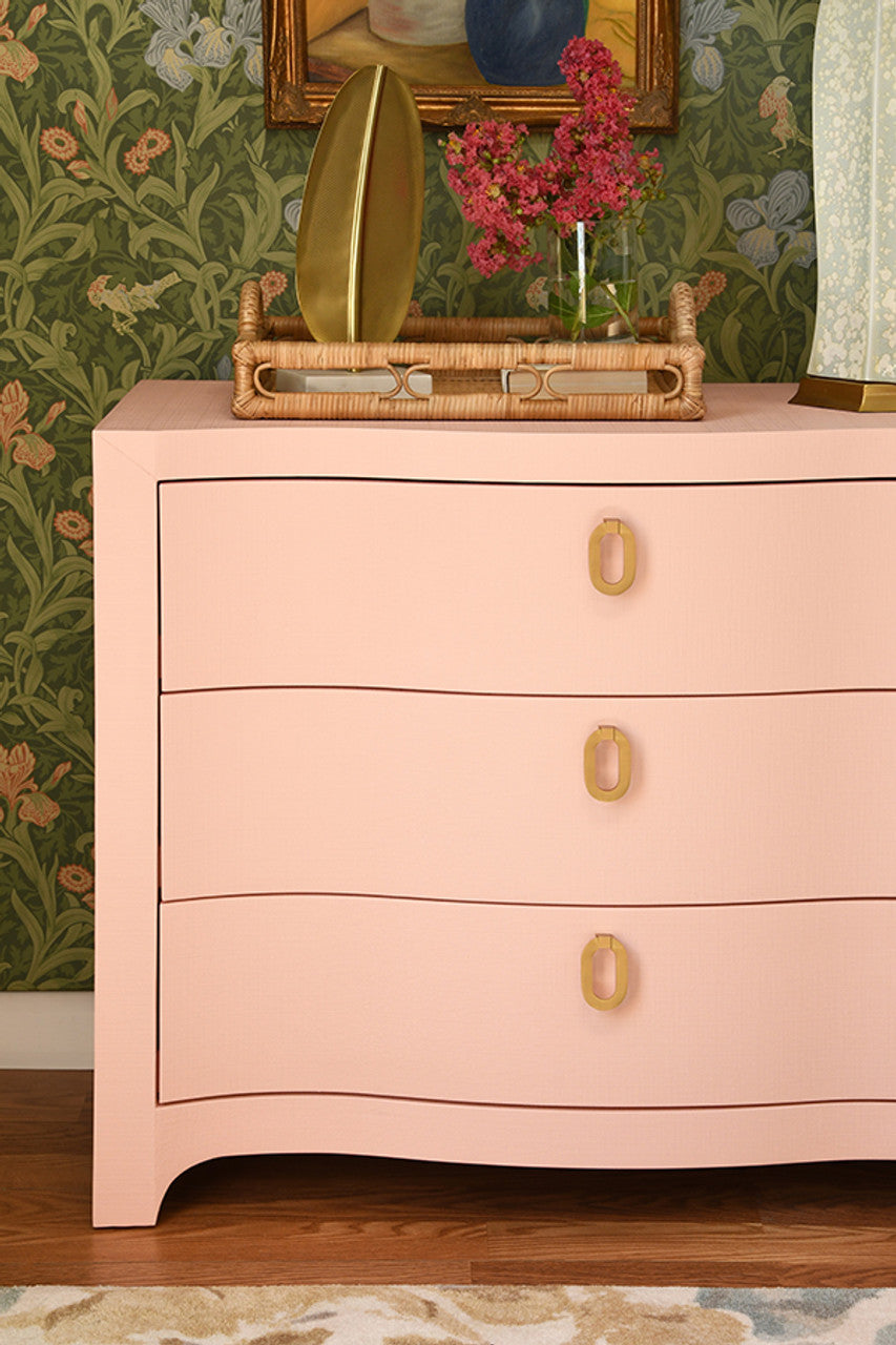 Cora Curved Front Chest With Three Drawers In Textured Pink Linen With Satin Brass Ring Hardware