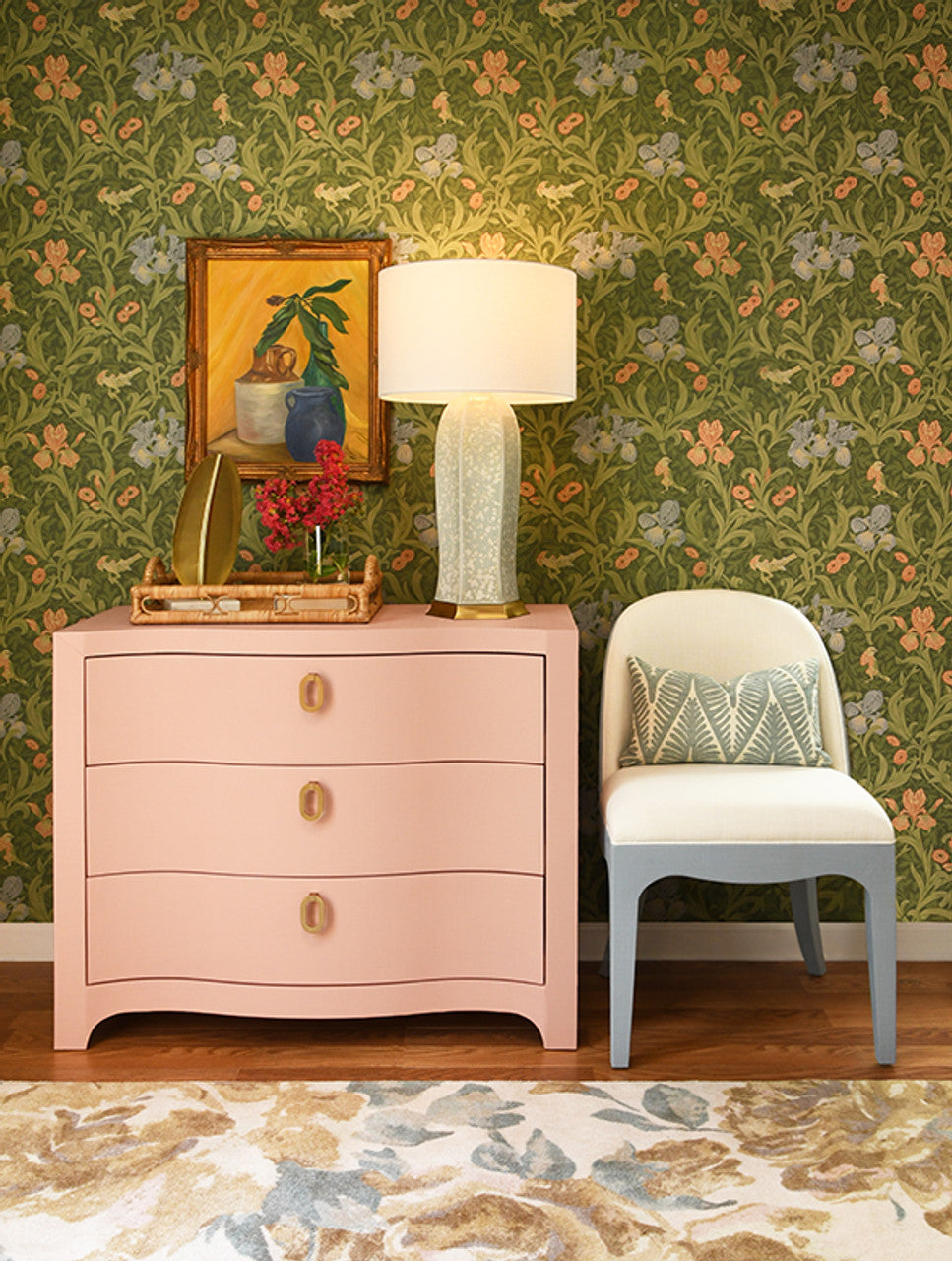 Cora Curved Front Chest With Three Drawers In Textured Pink Linen With Satin Brass Ring Hardware