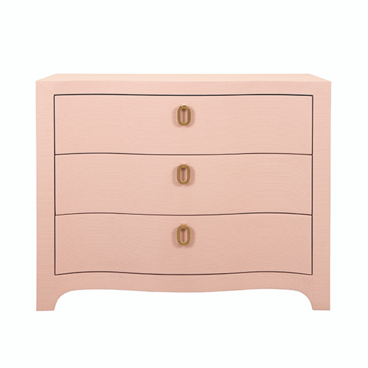 Cora Curved Front Chest With Three Drawers In Textured Pink Linen With Satin Brass Ring Hardware
