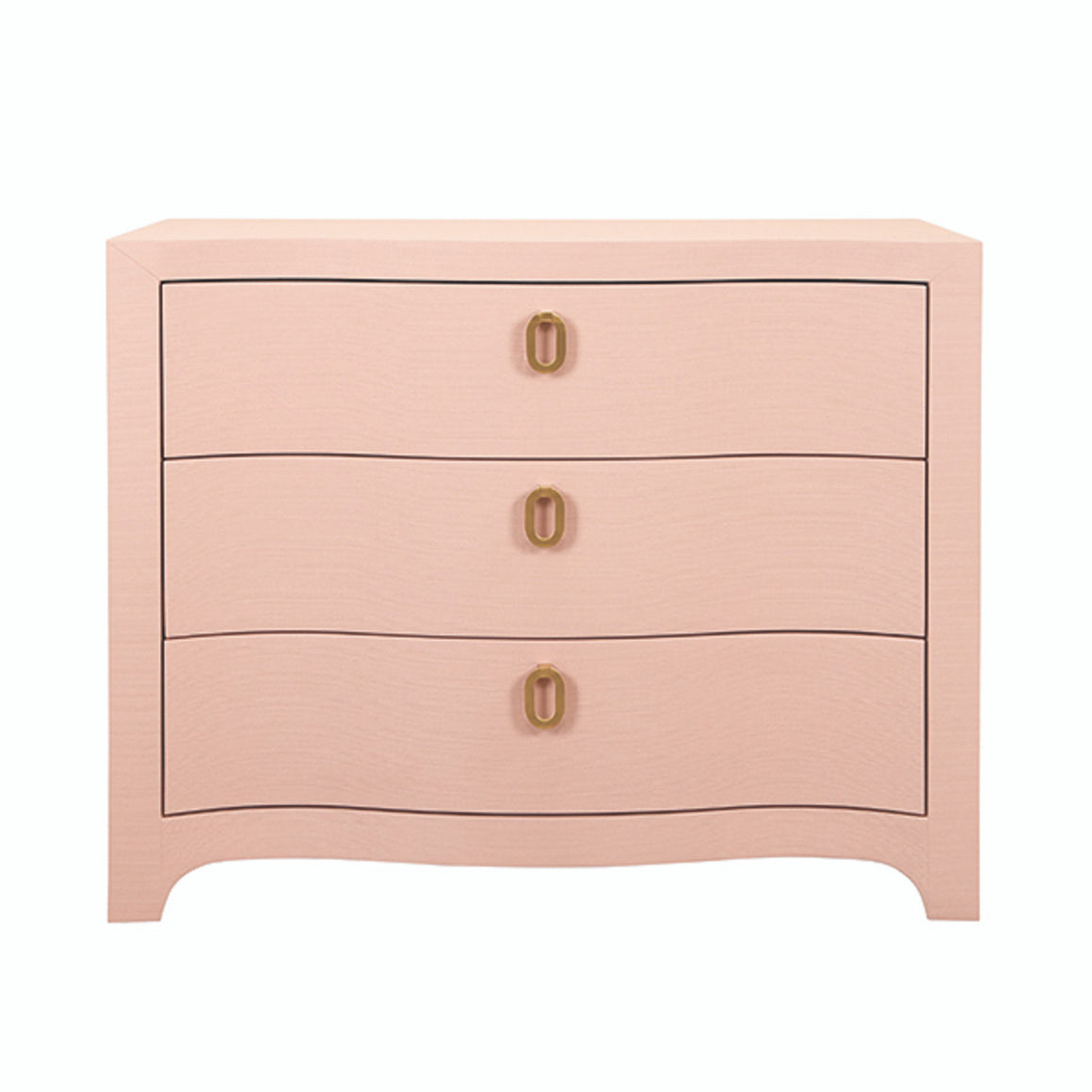 Cora Curved Front Chest With Three Drawers In Textured Pink Linen With Satin Brass Ring Hardware