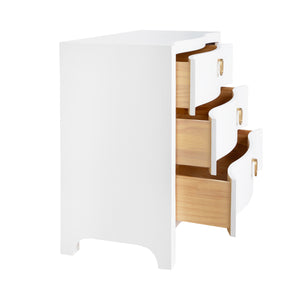 Cora Curved Front Chest with Three Drawers in White Textured Linen with Satin Brass Ring Hardware