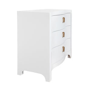 Cora Curved Front Chest with Three Drawers in White Textured Linen with Satin Brass Ring Hardware