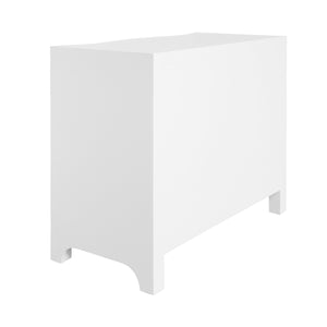 Cora Curved Front Chest with Three Drawers in White Textured Linen with Satin Brass Ring Hardware