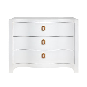 Cora Curved Front Chest with Three Drawers in White Textured Linen with Satin Brass Ring Hardware