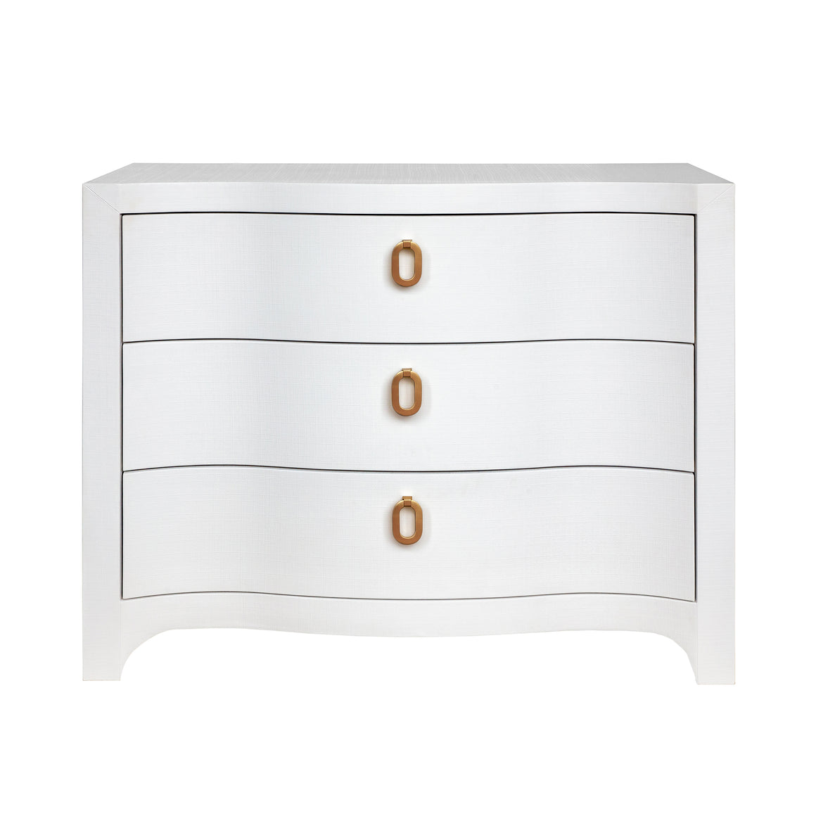 Cora Curved Front Chest with Three Drawers in White Textured Linen with Satin Brass Ring Hardware