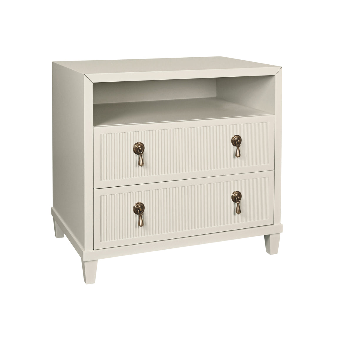 Corinne Two Drawer, Open Shelf Side Table With Fluted Drawer Fronts In Provincial Brown Oak